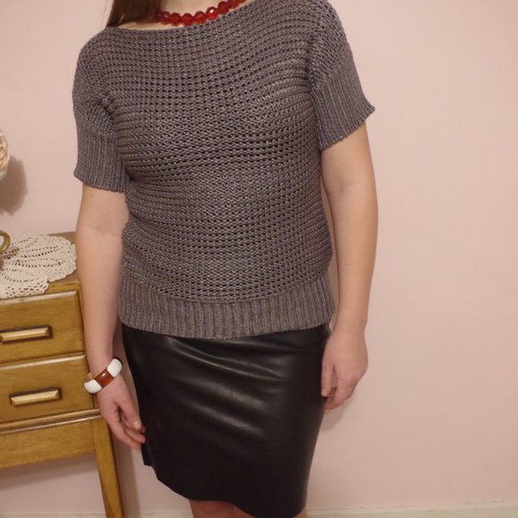 Gray Knit Sprit Sweater& Faux Leather Skirt - Picture 1 of 15